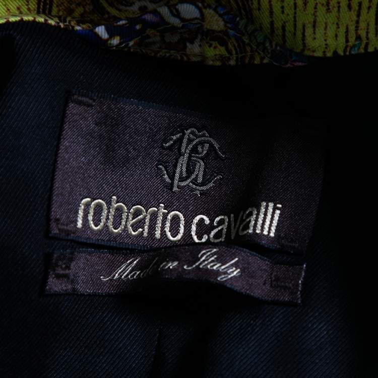 Pre Owned Roberto Cavalli Yellow Printed Cotton Canvas Zip Front Belted Coat M