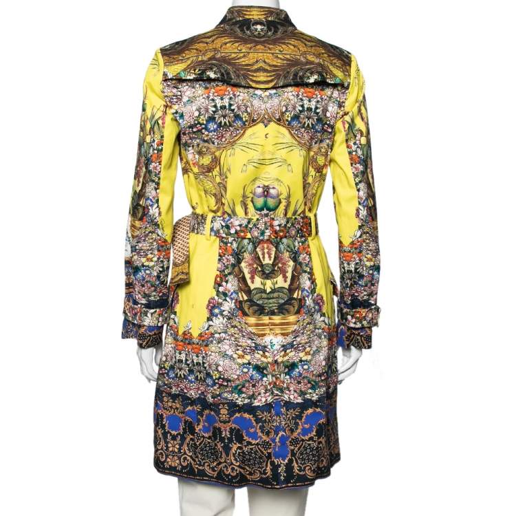 Pre Owned Roberto Cavalli Yellow Printed Cotton Canvas Zip Front Belted Coat M