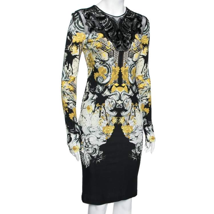مملوكة مسبقًا Roberto Cavalli Multicolor Printed Jersey & Embellished Tulle Long Sleeve Dress M