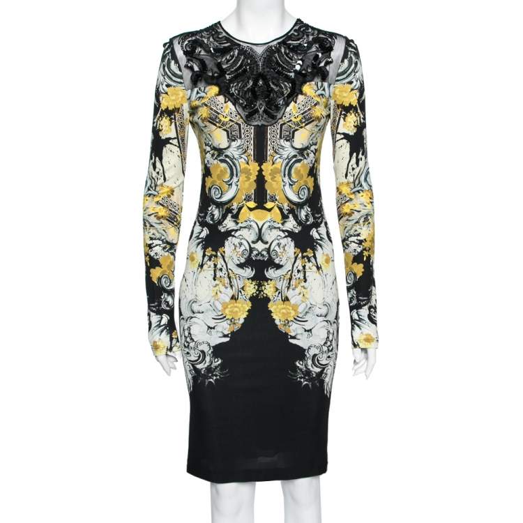 مملوكة مسبقًا Roberto Cavalli Multicolor Printed Jersey & Embellished Tulle Long Sleeve Dress M