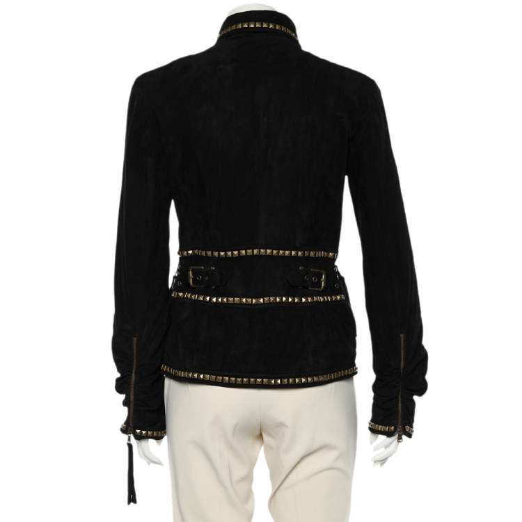 Pre Owned Roberto Cavalli Black Studded Suede Zip Front Ruched Jacket M