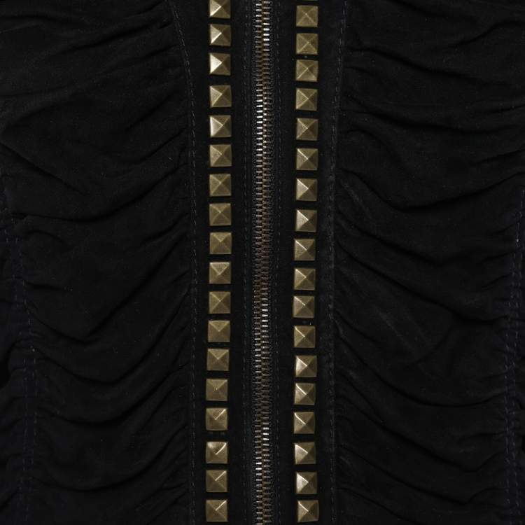 Pre Owned Roberto Cavalli Black Studded Suede Zip Front Ruched Jacket M