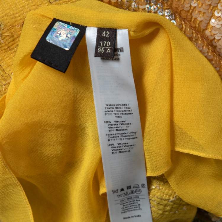 Pre Owned Roberto Cavalli Yellow Silk Sequin Embellished and Embroidered Top M 
