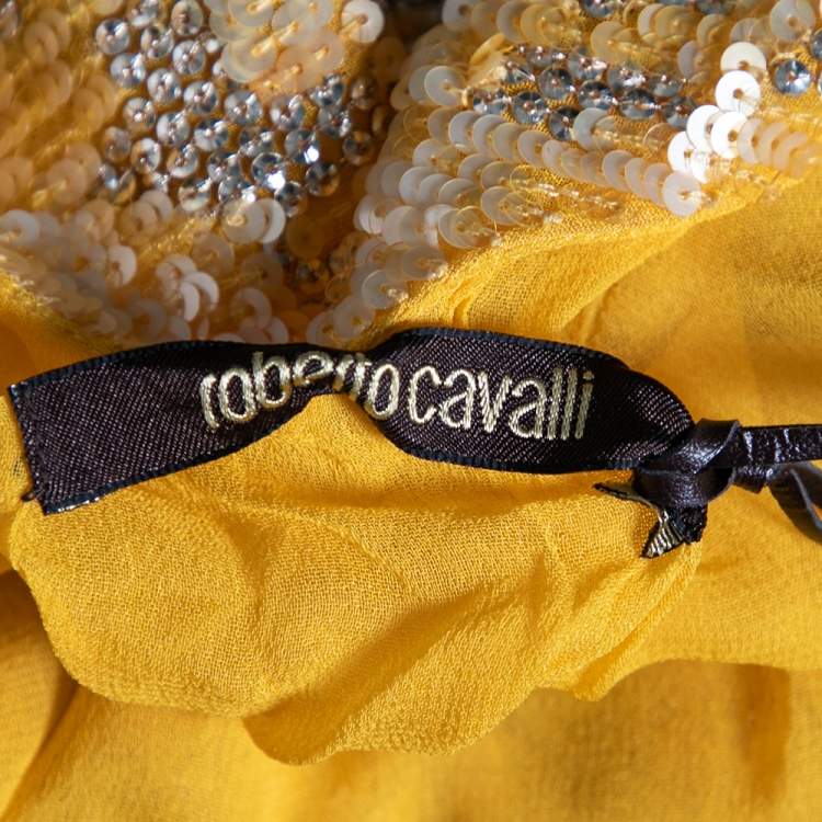 Pre Owned Roberto Cavalli Yellow Silk Sequin Embellished and Embroidered Top M 
