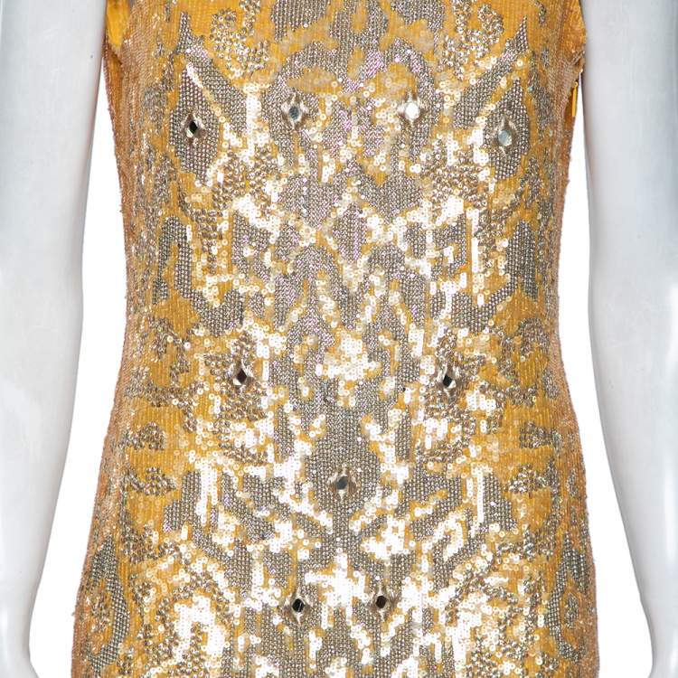 Pre Owned Roberto Cavalli Yellow Silk Sequin Embellished and Embroidered Top M 