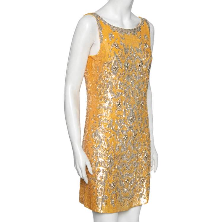 Pre Owned Roberto Cavalli Yellow Silk Sequin Embellished and Embroidered Top M 