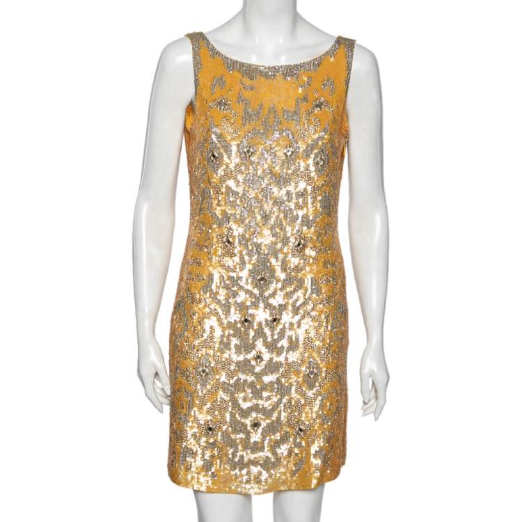 Pre Owned Roberto Cavalli Yellow Silk Sequin Embellished and Embroidered Top M 