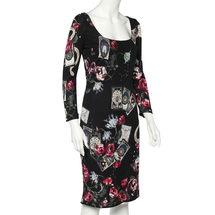 Pre Owned Roberto Cavalli Black Tarot Cards Printed Jersey Scoop Neck Sheath Dress M