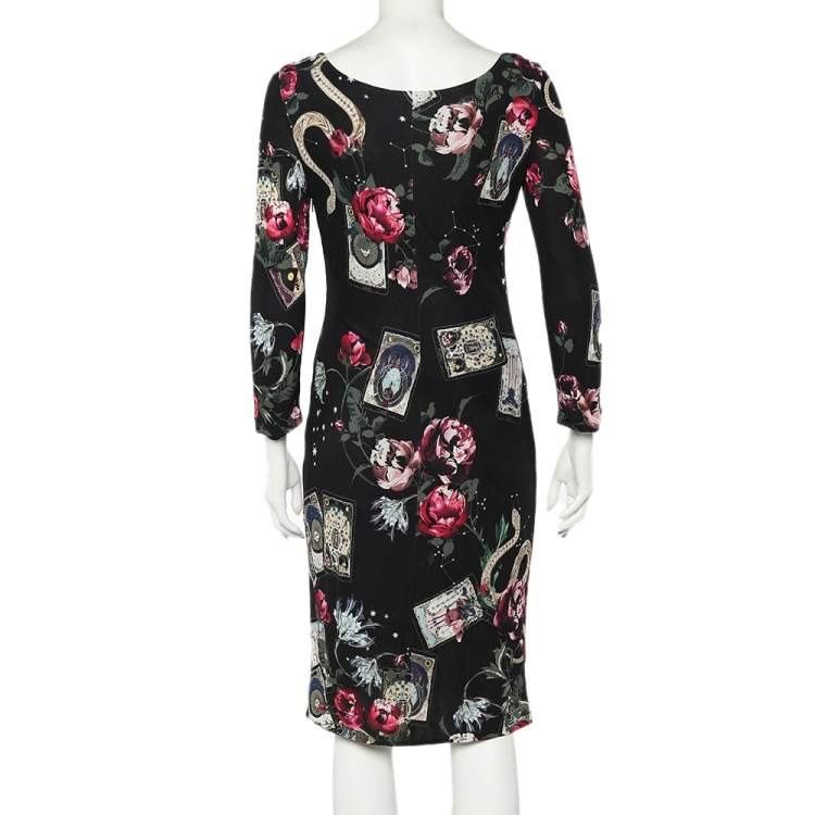 Pre Owned Roberto Cavalli Black Tarot Cards Printed Jersey Scoop Neck Sheath Dress M