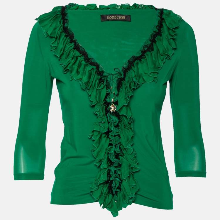 Pre Owned Roberto Cavalli Green Jersey Ruffle Trimmed Top M