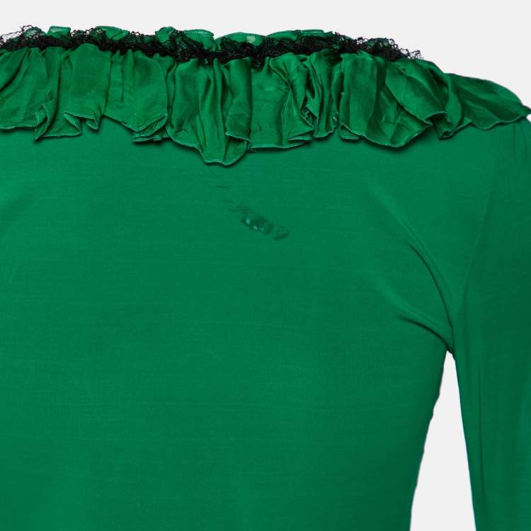 Pre Owned Roberto Cavalli Green Jersey Ruffle Trimmed Top M