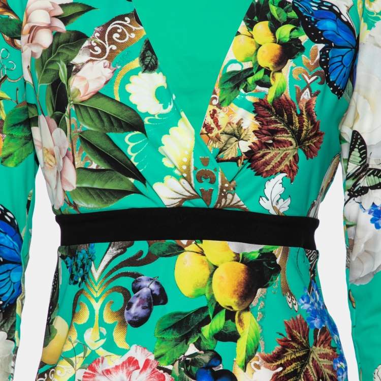 Pre Owned Roberto Cavalli Green Floral Printed Jersey V-Neck Top M