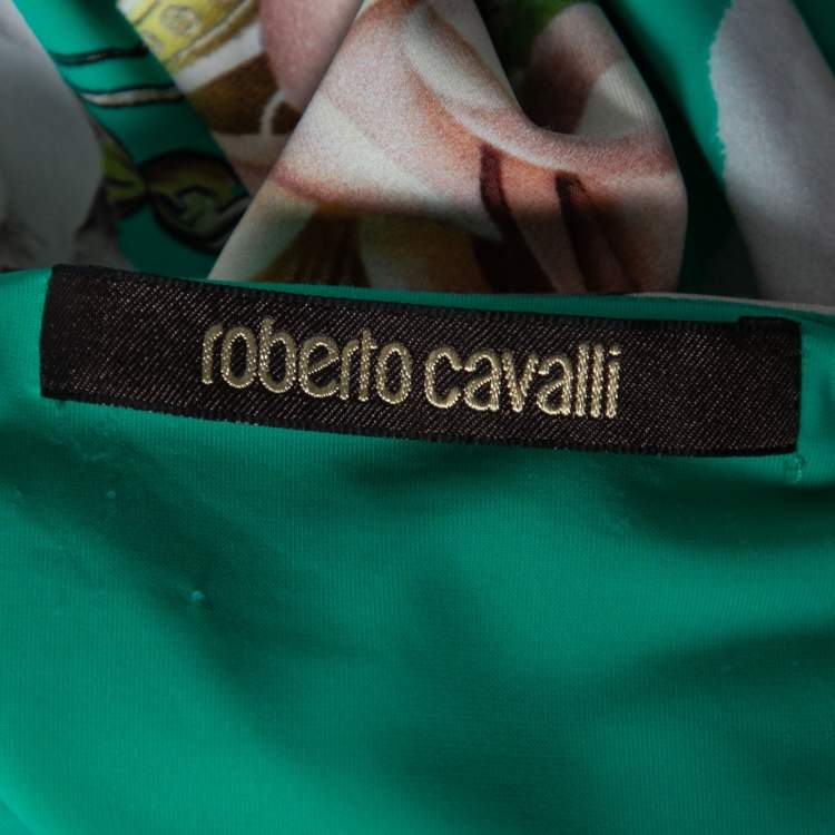 Pre Owned Roberto Cavalli Green Floral Printed Jersey V-Neck Top M