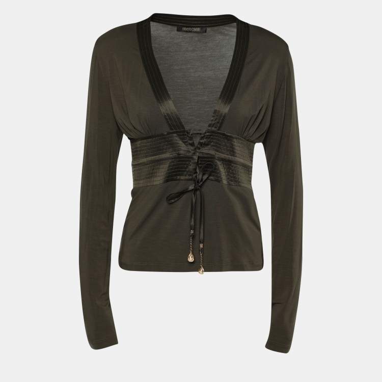 Pre Owned Roberto Cavalli Olive Green Jersey Plunge Neck Blouse M