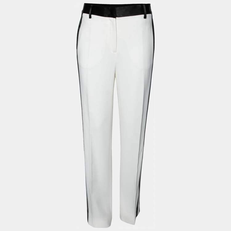 مملوكة مسبقًا Roberto Cavalli White Crepe & Satin Contrast Trimmed Trousers L