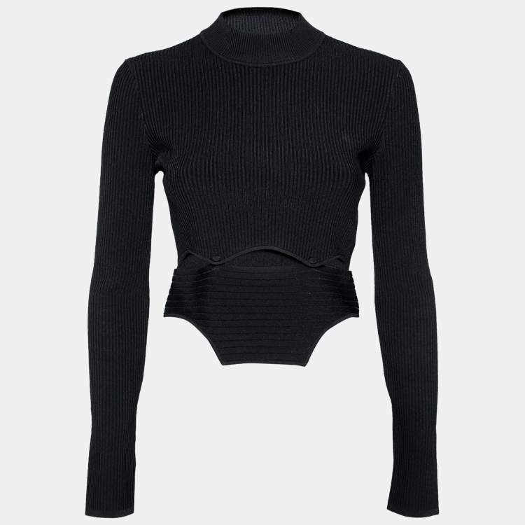 Pre Owned Roberto Cavalli Black Knit Cut Out Button Detailed Crew Neck Top M