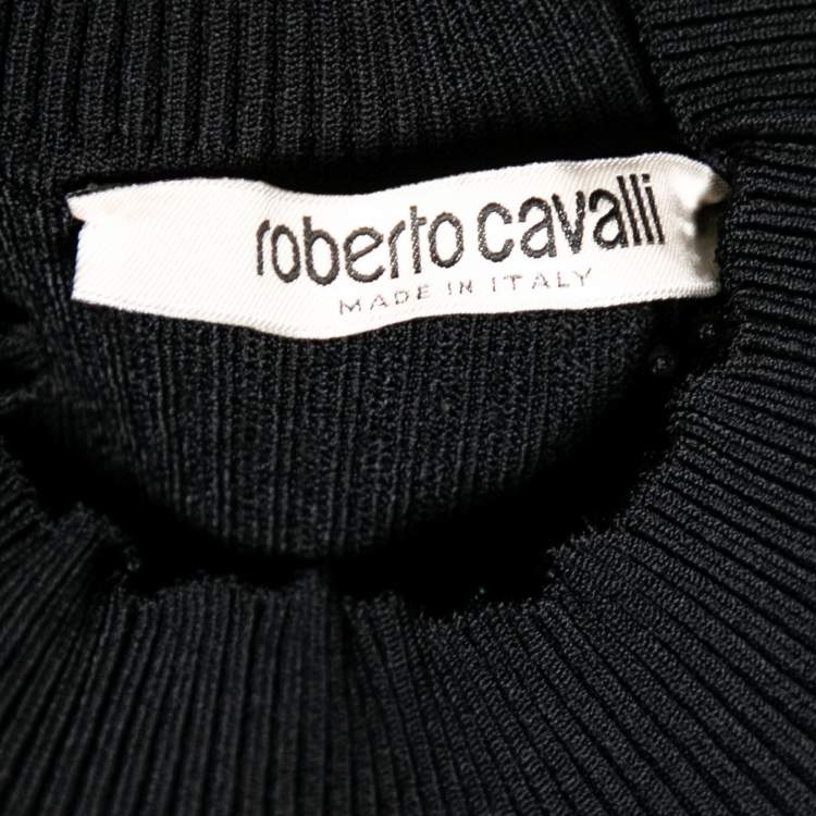 Pre Owned Roberto Cavalli Black Knit Cut Out Button Detailed Crew Neck Top M