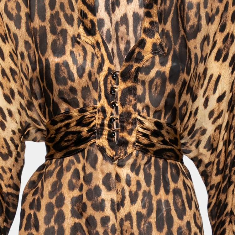 Pre Owned Roberto Cavalli Brown Animal Printed Silk Neck Tie Detail Blouse M