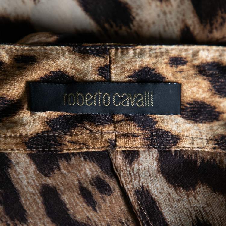 Pre Owned Roberto Cavalli Brown Animal Printed Silk Neck Tie Detail Blouse M