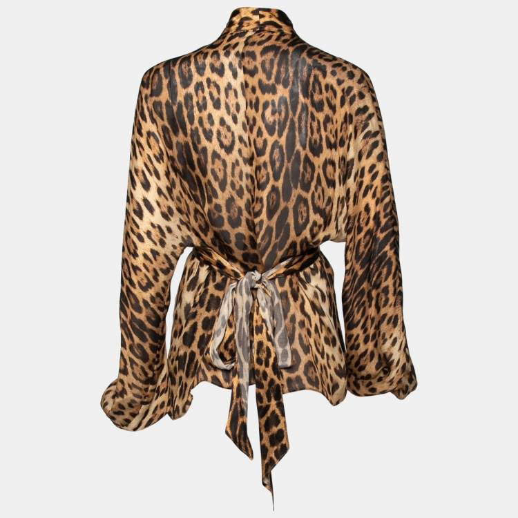 Pre Owned Roberto Cavalli Brown Animal Printed Silk Neck Tie Detail Blouse M