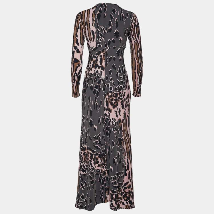 Pre Owned Roberto Cavalli Grey and Pink Ruched Animal Print Jersey Long Sleeve Maxi Dress S