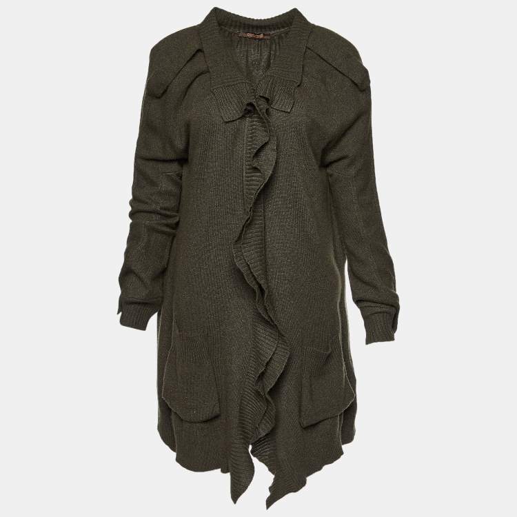 Pre Owned Roberto Cavalli Olive Green Wool Long Sleeve Cardigan M