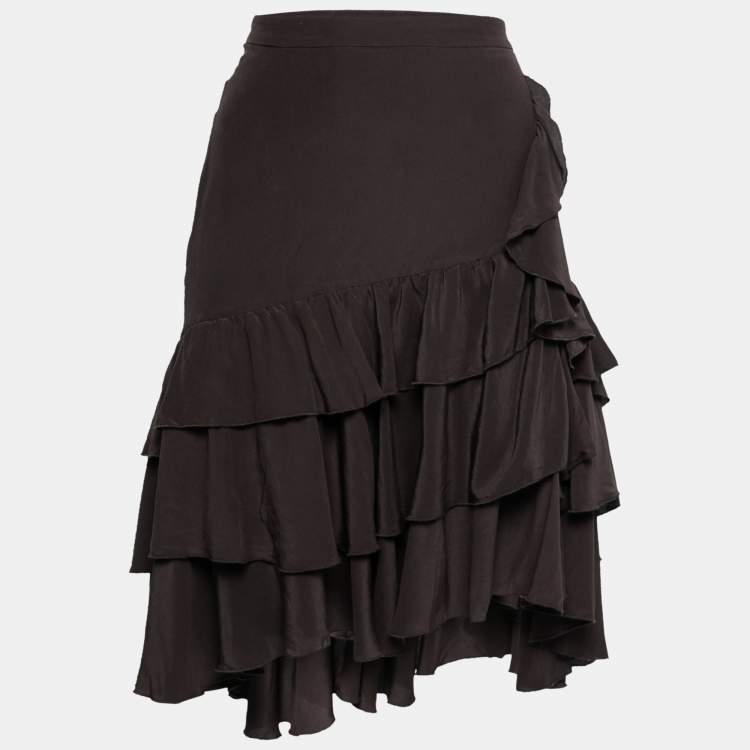 Pre Owned Roberto Cavalli Brown Silk Ruffle Trimmed Skirt M
