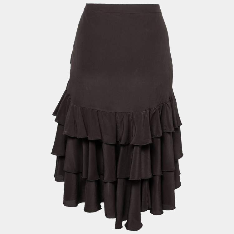 Pre Owned Roberto Cavalli Brown Silk Ruffle Trimmed Skirt M
