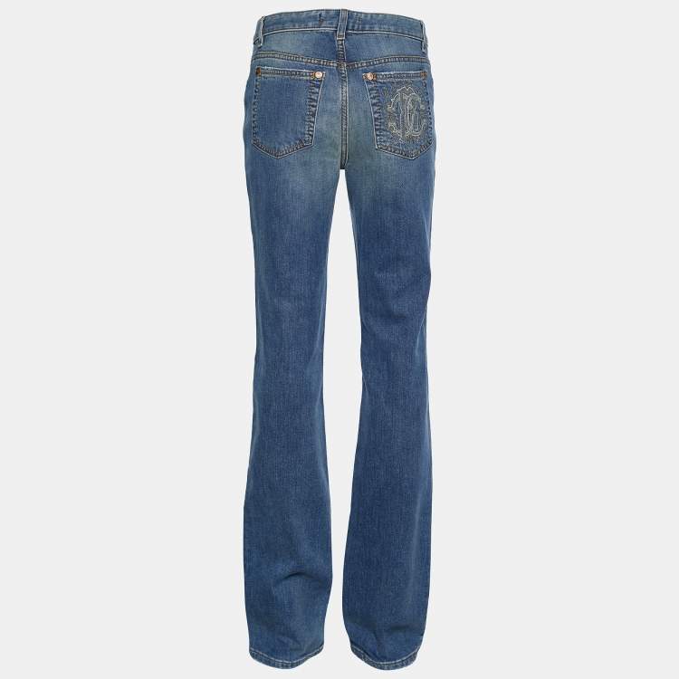 Pre Owned Roberto Cavalli Indigo Light Wash Denim Distressed High Waist Jeans M