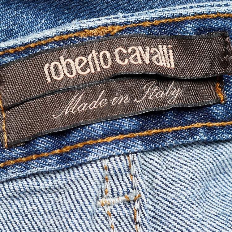 Pre Owned Roberto Cavalli Indigo Light Wash Denim Distressed High Waist Jeans M