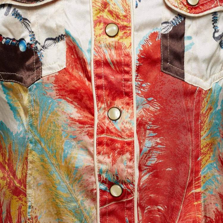 Pre Owned Roberto Cavalli Multicolor Bejeweled Feather Print Silk Tunic L