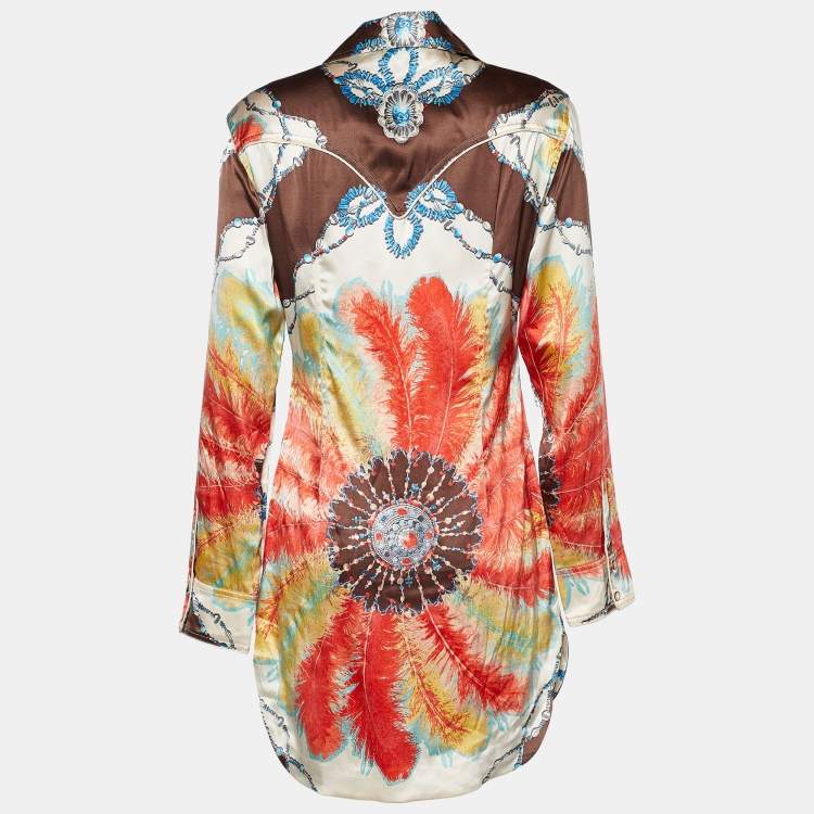 Pre Owned Roberto Cavalli Multicolor Bejeweled Feather Print Silk Tunic L