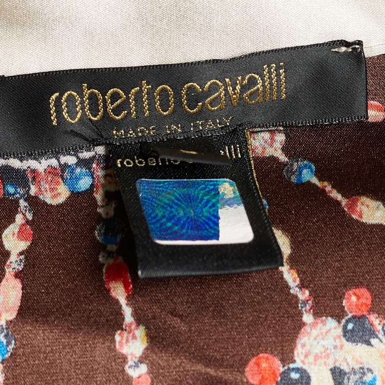 Pre Owned Roberto Cavalli Multicolor Bejeweled Feather Print Silk Tunic L