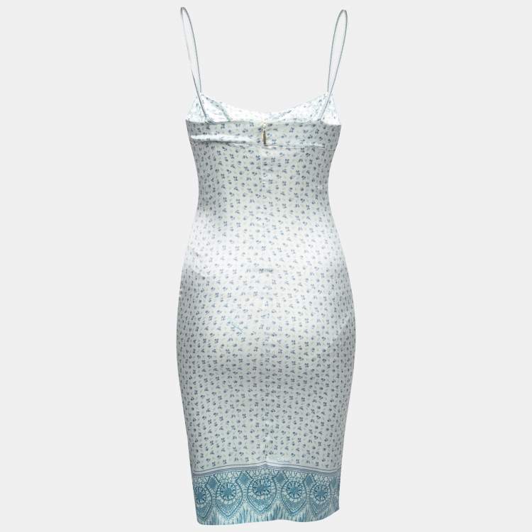 Pre Owned Roberto Cavalli Light Blue Printed Satin Sleeveless Dress S
