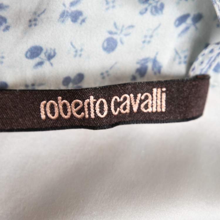 Pre Owned Roberto Cavalli Light Blue Printed Satin Sleeveless Dress S