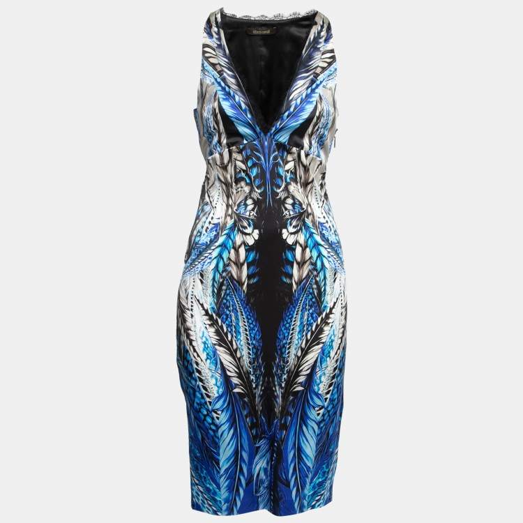 Pre Owned Roberto Cavalli Blue Printed Stretch Silk Sleeveless Dress M