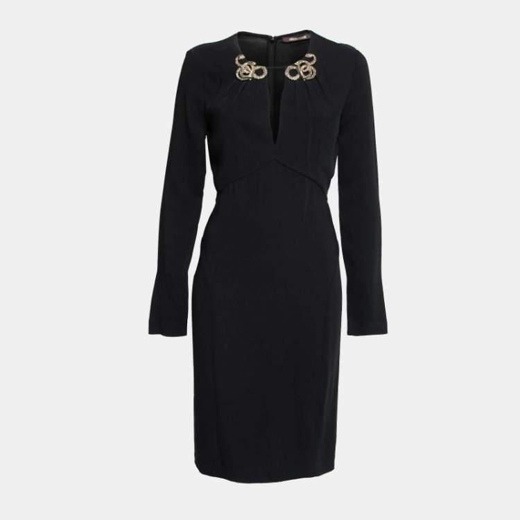 Pre Owned Roberto Cavalli Black Crepe Embellished Detail Long Sleeve Dress M