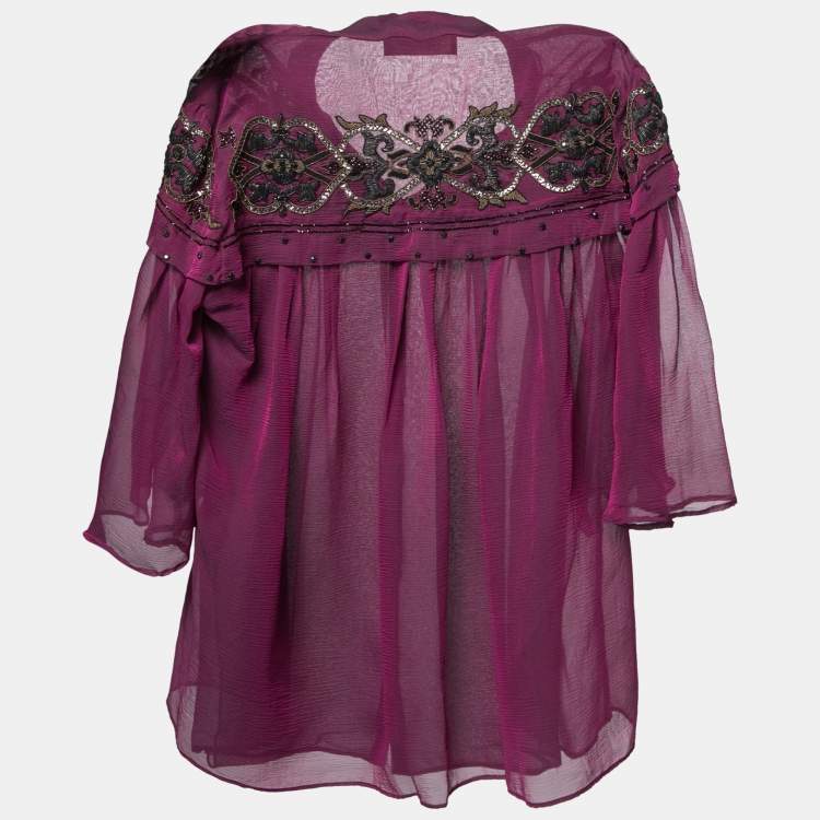 Pre Owned Roberto Cavalli Purple Silk Chiffon Embroidered Embellished Blouse S