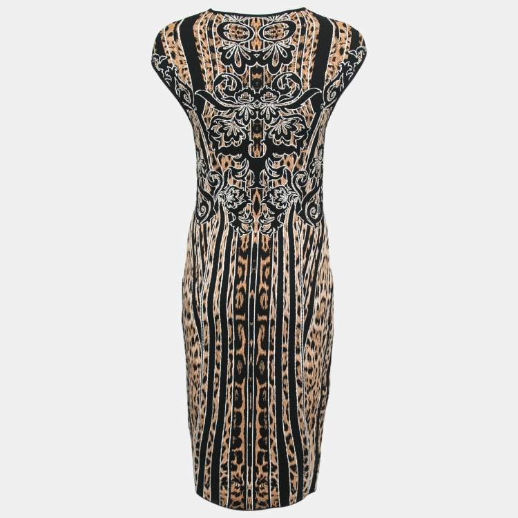 Pre Owned Roberto Cavalli Brown Animal Jacquard Knit Bodycon Dress M