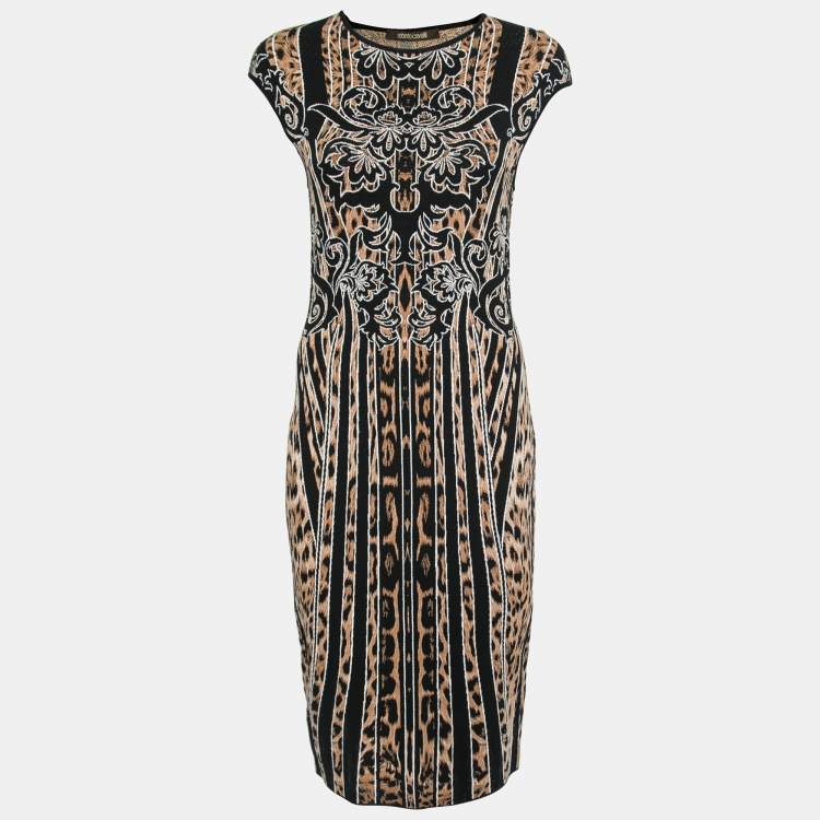 Pre Owned Roberto Cavalli Brown Animal Jacquard Knit Bodycon Dress M