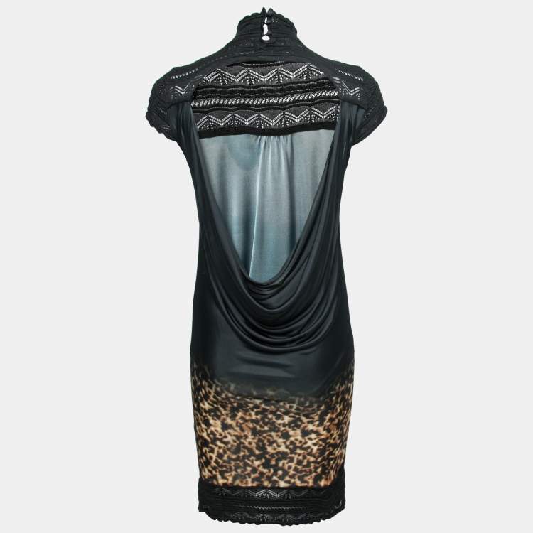 Pre Owned Roberto Cavalli Black Wool & Jersey Draped Back Dress S