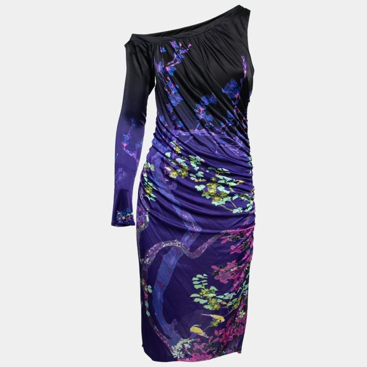 Pre Owned Roberto Cavalli Purple Floral Printed Jersey Side Draped Dress M