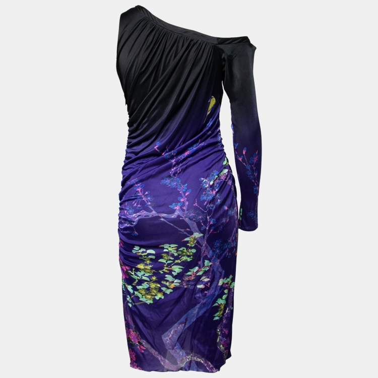 Pre Owned Roberto Cavalli Purple Floral Printed Jersey Side Draped Dress M