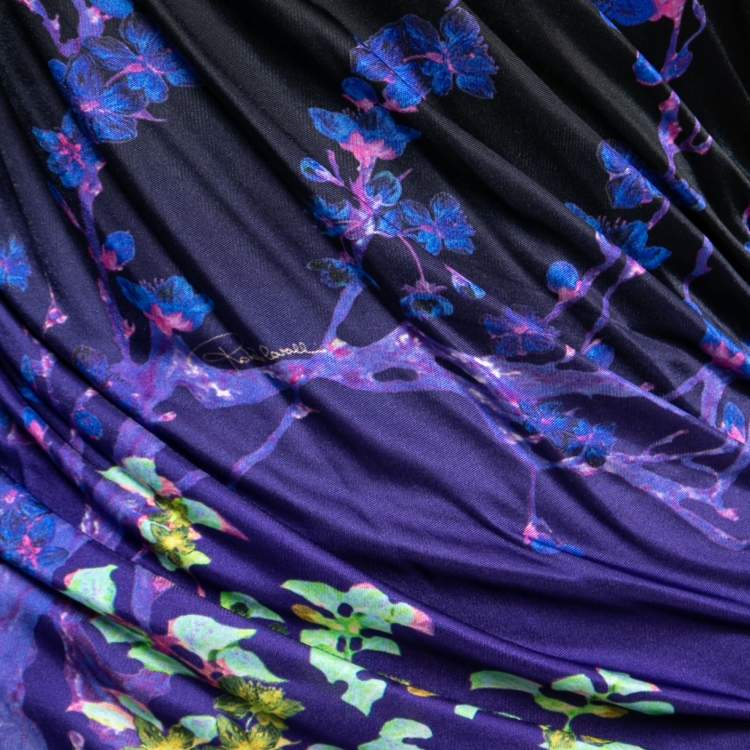 Pre Owned Roberto Cavalli Purple Floral Printed Jersey Side Draped Dress M