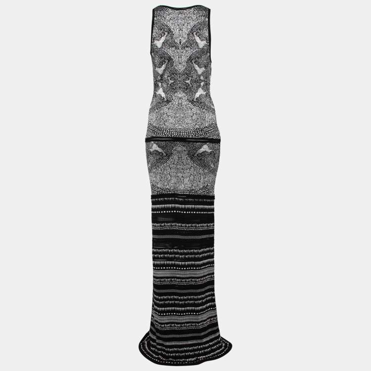 Pre Owned Roberto Cavalli Black and White Patterned Knit V Neck Maxi Dress M