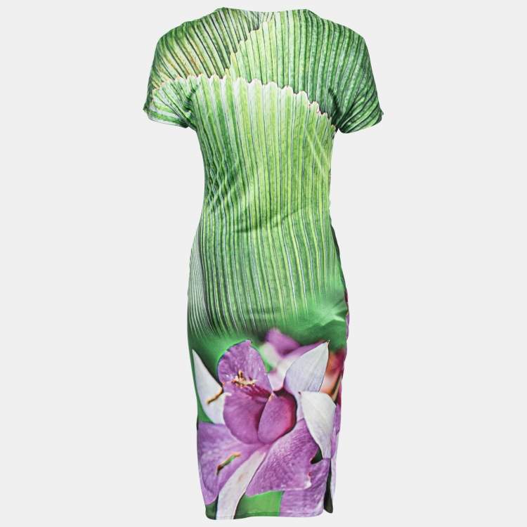 Pre Owned Roberto Cavalli Green & Purple Printed Jersey Wrap Detail Dress M