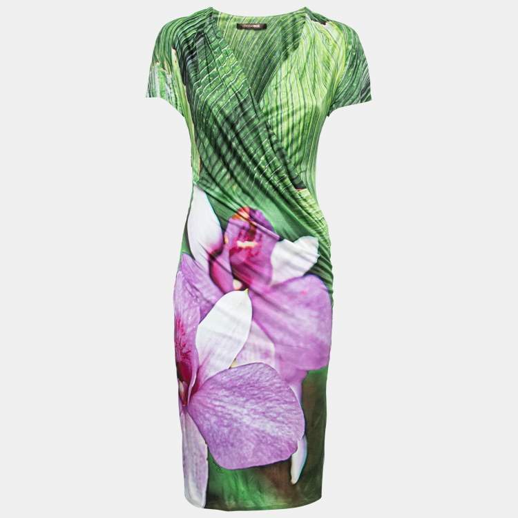 Pre Owned Roberto Cavalli Green & Purple Printed Jersey Wrap Detail Dress M