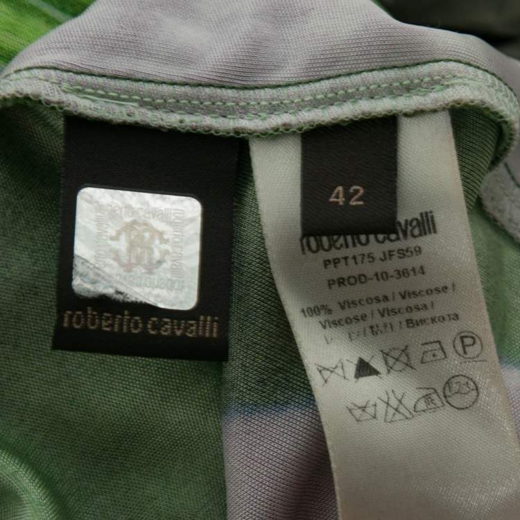 Pre Owned Roberto Cavalli Green & Purple Printed Jersey Wrap Detail Dress M