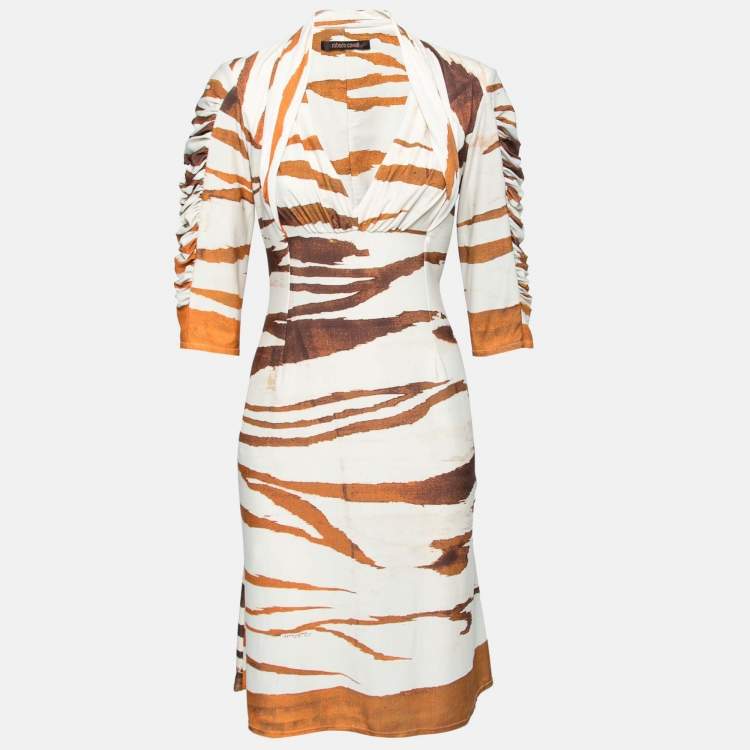 Pre Owned Roberto Cavalli Beige Animal Print Jersey Ruched Sleeve Dress M