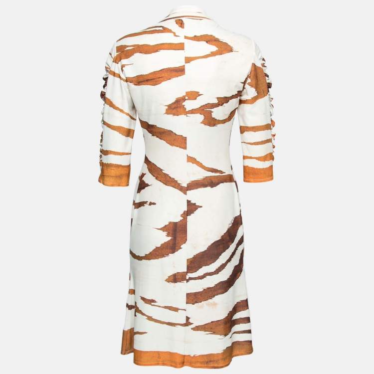 Pre Owned Roberto Cavalli Beige Animal Print Jersey Ruched Sleeve Dress M